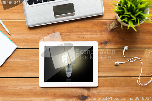 Image of close up of tablet pc computer on wooden table