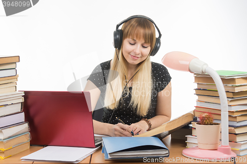 Image of Student listening to music on headphones engaged in preparing for the exam