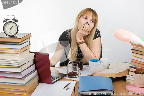 Image of Student yawns after drinking 3 cups of coffee, doing graduation project at night