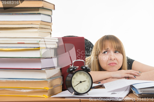 Image of Student with despair looking at a big stack of books