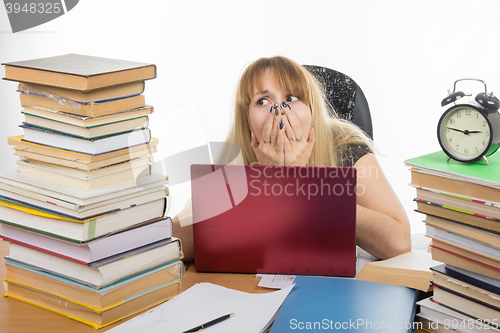 Image of Student shocked smorit a large stack of textbooks