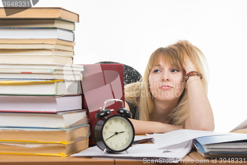 Image of Student sad looking at a stack of books