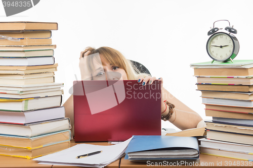 Image of Student horrified looks from behind the laptop