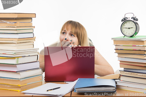 Image of Student shocked looking at books