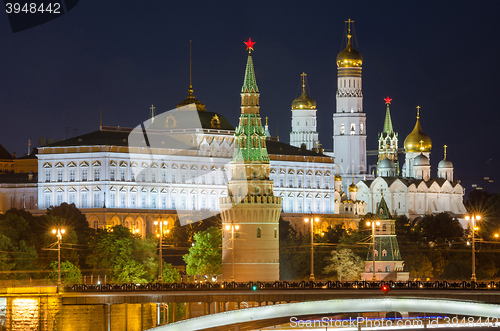 Image of Moscow, Russia - August 10, 2015: Night view of the Grand Kremlin Palace in Moscow Kremlin