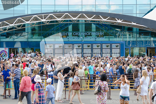 Image of Moscow, Russia - August 10, 2015: Huge queue of people at the main entrance into the opened Center for Oceanography and Marine Biology \"Moskvarium\"