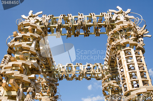 Image of Moscow, Russia - August 10, 2015: The top part of the structure of wooden beams constructed by students in the territory ENEA