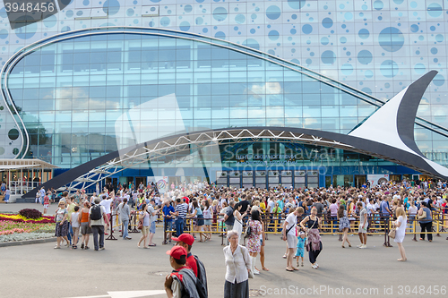 Image of Moscow, Russia - August 10, 2015: A crowd of people at the main entrance into the opened Center for Oceanography and Marine Biology \"Moskvarium\"