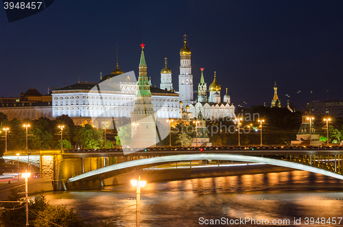 Image of Moscow, Russia - August 10, 2015: Night view of the Grand Kremlin Palace in Moscow Kremlin and the Moscow River