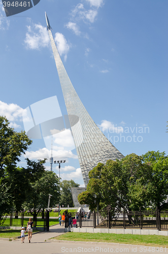 Image of Moscow, Russia - August 10, 2015: entrance from the metro station VDNH the alley of astronauts and the monument \"Conquerors of Space\" in Moscow