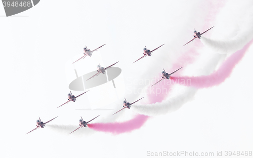 Image of LEEUWARDEN, THE NETHERLANDS - JUNE 10, 2016: RAF Red Arrows perf