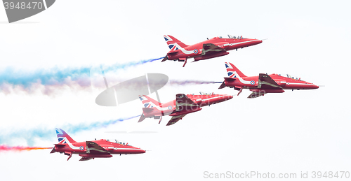 Image of LEEUWARDEN, THE NETHERLANDS - JUNE 10, 2016: RAF Red Arrows perf