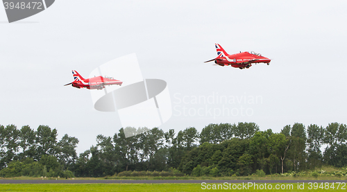 Image of LEEUWARDEN, THE NETHERLANDS - JUNE 10, 2016: RAF Red Arrows perf