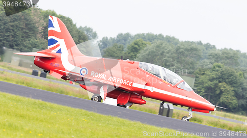 Image of LEEUWARDEN, THE NETHERLANDS - JUNE 10, 2016: RAF Red Arrows perf