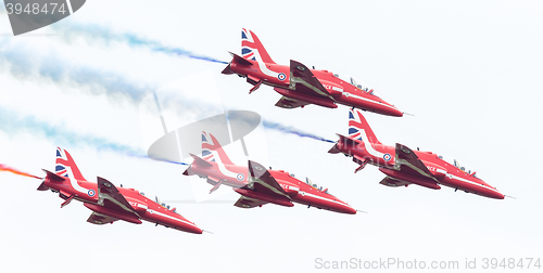 Image of LEEUWARDEN, THE NETHERLANDS - JUNE 10, 2016: RAF Red Arrows perf