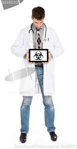 Image of Doctor holding tablet - Warning! Biohazard!
