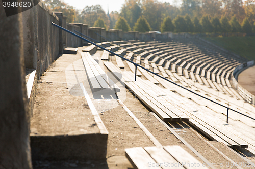 Image of close up of bleachers with benches on stadium