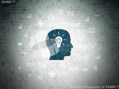 Image of Advertising concept: Head With Light Bulb on Digital Data Paper background