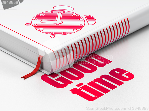 Image of Time concept: book Alarm Clock, Good Time on white background