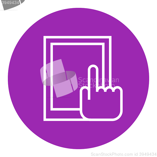 Image of Finger pointing at tablet line icon.
