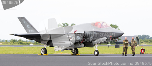 Image of LEEUWARDEN, THE NETHERLANDS - JUNE 10, 2016: Dutch F-35 on the r