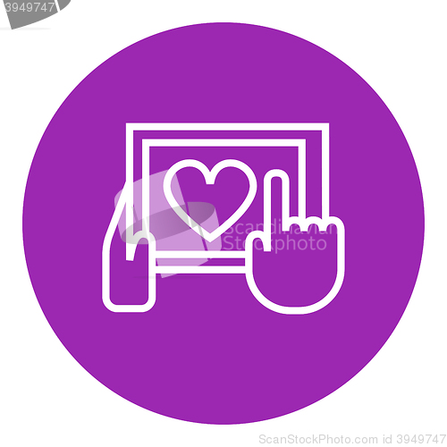 Image of Hands holding tablet with heart sign line icon.