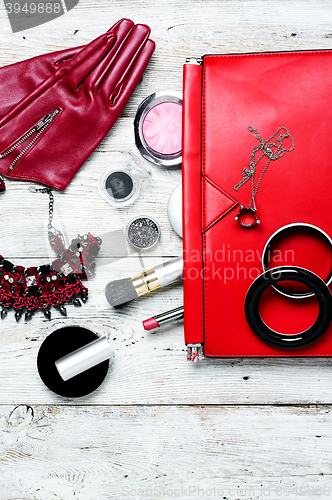 Image of Red clutch bag and ladies accessories