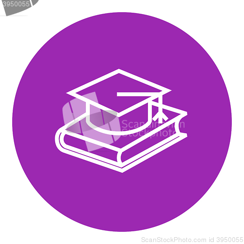 Image of Graduation cap laying on book line icon.