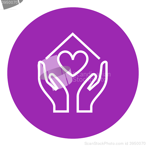 Image of Hands holding house symbol with heart shape line icon.
