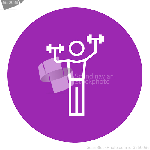 Image of Man exercising with dumbbells line icon.