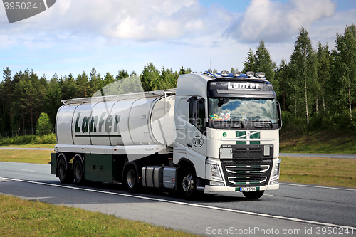 Image of Volvo FH Semi Tank Truck on Motorway at Summer