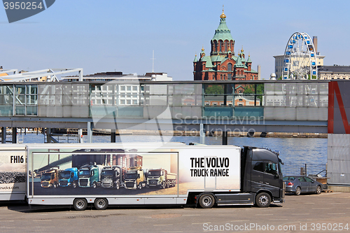 Image of Volvo Truck Range on Semi Trailer with Helsinki View