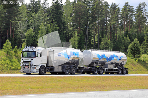Image of New Scania R500 Milk Tank Truck on Motorway at Summer