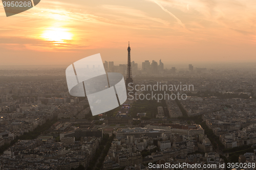 Image of Aerial view of Paris at sunset.