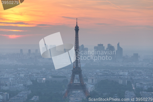 Image of Aerial view of Paris at sunset.