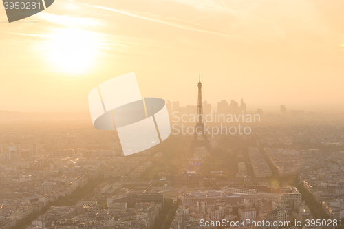 Image of Aerial view of Paris at sunset.