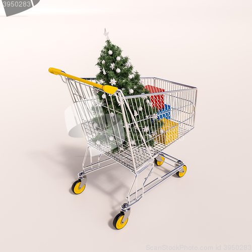 Image of Shopping cart full of purchases in packages and Christamas tree