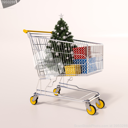 Image of Shopping cart full of purchases in packages and Christamas tree