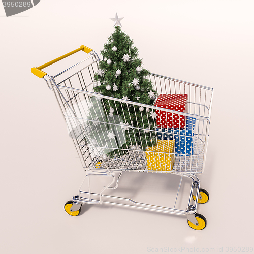 Image of Shopping cart full of purchases in packages and Christamas tree