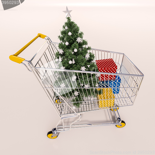 Image of Shopping cart full of purchases in packages and Christamas tree