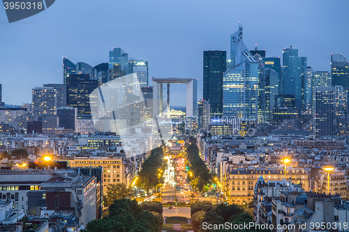 Image of La Defence, Paris business district at dusk.