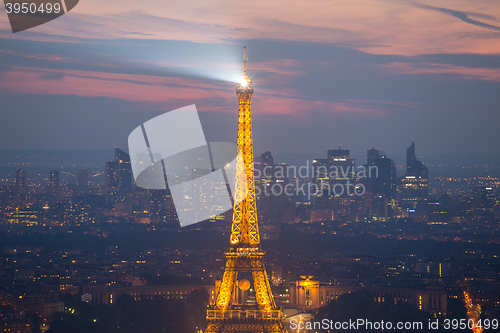 Image of Eiffel Tower and Paris cityscape from above, France