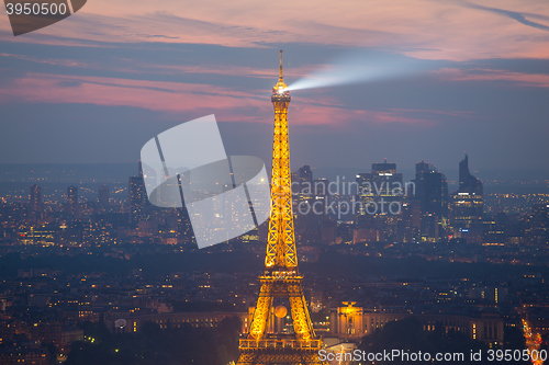 Image of Eiffel Tower and Paris cityscape from above, France