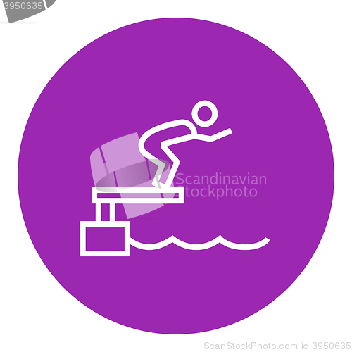 Image of Swimmer jumping from starting block in pool line icon.