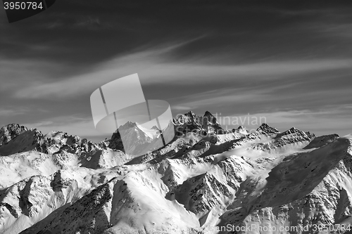 Image of Black and white Caucasus Mountains in wind evening