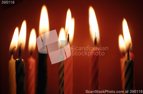 Image of Closeup of birthday candles all lit.