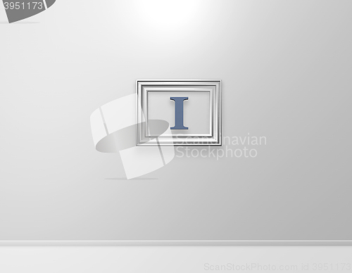 Image of picture frame with letter i on white wall - 3d illustration