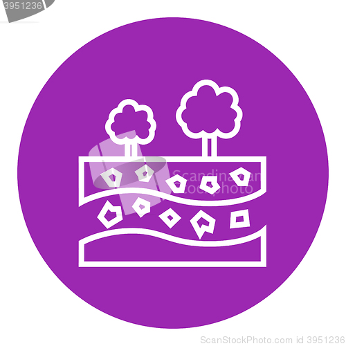 Image of Cut of soil with different layers and trees on top line icon.