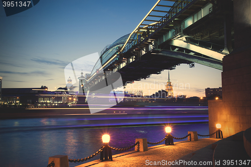 Image of night landscape with Bogdan Hmelnitsky covered bridge in Moscow