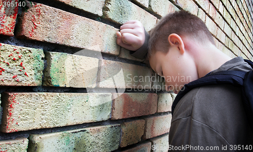 Image of upset boy against a wall